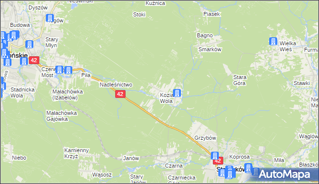 mapa Kozia Wola gmina Stąporków, Kozia Wola gmina Stąporków na mapie Targeo