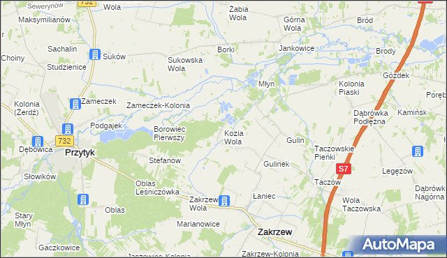mapa Kozia Wola gmina Zakrzew, Kozia Wola gmina Zakrzew na mapie Targeo