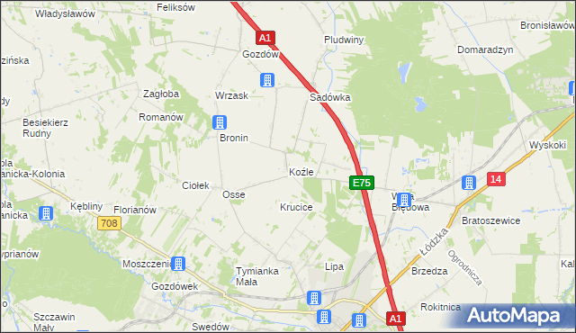 mapa Koźle gmina Stryków, Koźle gmina Stryków na mapie Targeo