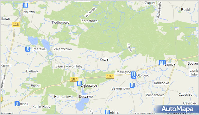 mapa Koźle gmina Szamotuły, Koźle gmina Szamotuły na mapie Targeo