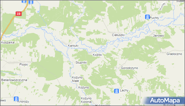 mapa Koźliki gmina Narew, Koźliki gmina Narew na mapie Targeo