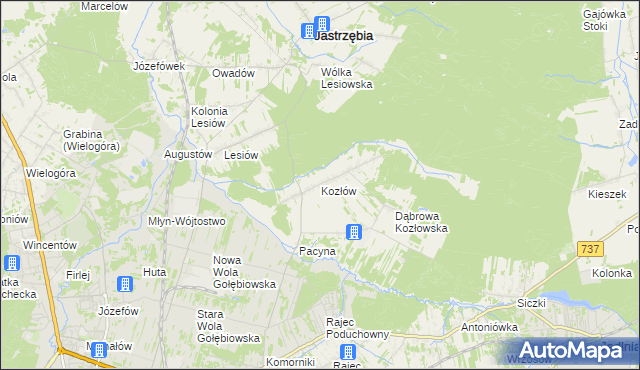 mapa Kozłów gmina Jastrzębia, Kozłów gmina Jastrzębia na mapie Targeo