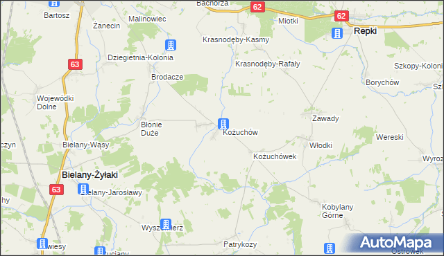 mapa Kożuchów gmina Bielany, Kożuchów gmina Bielany na mapie Targeo