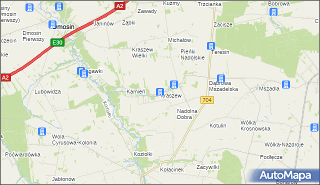 mapa Kraszew gmina Dmosin, Kraszew gmina Dmosin na mapie Targeo