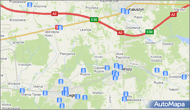mapa Kruki gmina Mrozy, Kruki gmina Mrozy na mapie Targeo