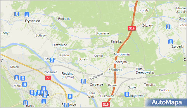 mapa Krzaki gmina Pysznica, Krzaki gmina Pysznica na mapie Targeo