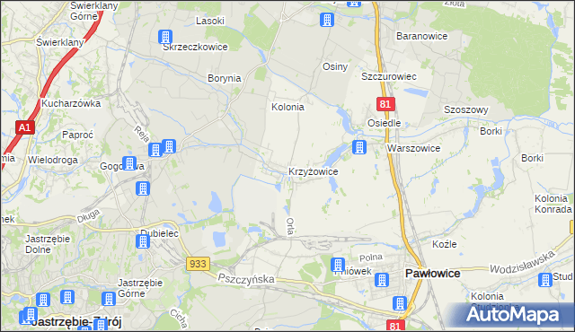 mapa Krzyżowice gmina Pawłowice, Krzyżowice gmina Pawłowice na mapie Targeo