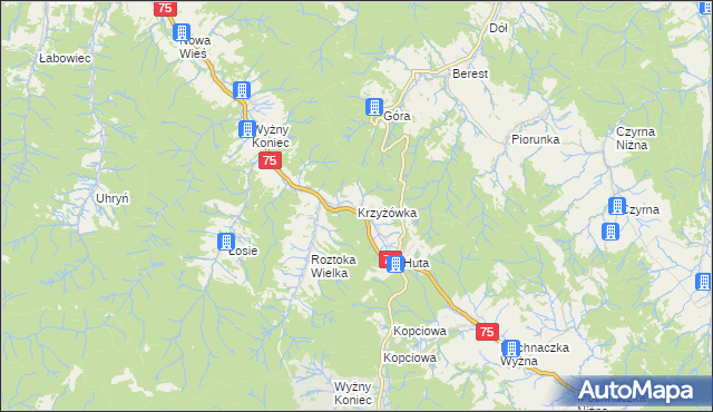 mapa Krzyżówka gmina Łabowa, Krzyżówka gmina Łabowa na mapie Targeo