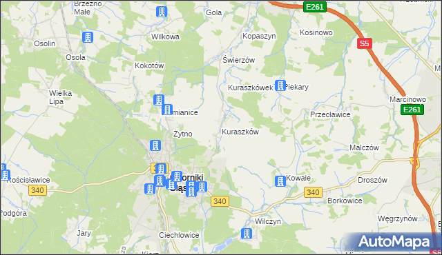 mapa Kuraszków gmina Oborniki Śląskie, Kuraszków gmina Oborniki Śląskie na mapie Targeo