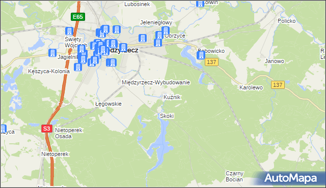 mapa Kuźnik gmina Międzyrzecz, Kuźnik gmina Międzyrzecz na mapie Targeo