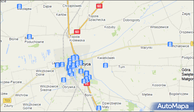 mapa Kwiatkówek gmina Góra Świętej Małgorzaty, Kwiatkówek gmina Góra Świętej Małgorzaty na mapie Targeo