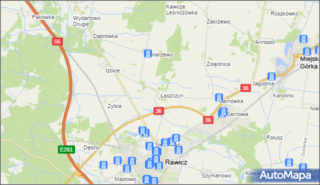 mapa Łaszczyn gmina Rawicz, Łaszczyn gmina Rawicz na mapie Targeo