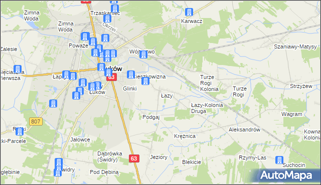 mapa Łazy gmina Łuków, Łazy gmina Łuków na mapie Targeo