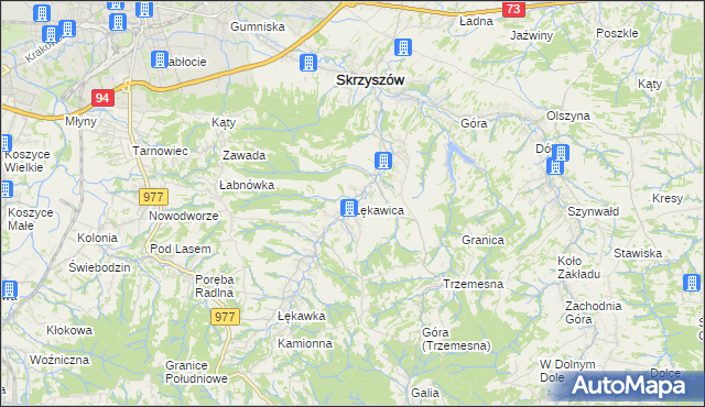 mapa Łękawica gmina Skrzyszów, Łękawica gmina Skrzyszów na mapie Targeo