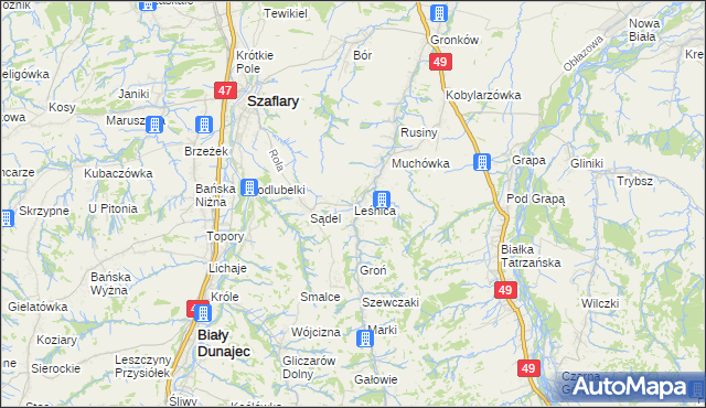mapa Leśnica gmina Bukowina Tatrzańska, Leśnica gmina Bukowina Tatrzańska na mapie Targeo