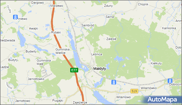 mapa Leśnica gmina Małdyty, Leśnica gmina Małdyty na mapie Targeo