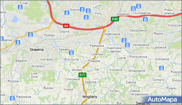 mapa Libertów gmina Mogilany, Libertów gmina Mogilany na mapie Targeo