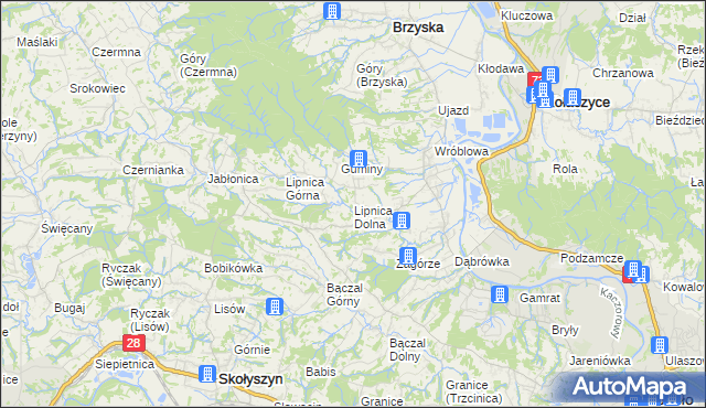 mapa Lipnica Dolna gmina Brzyska, Lipnica Dolna gmina Brzyska na mapie Targeo
