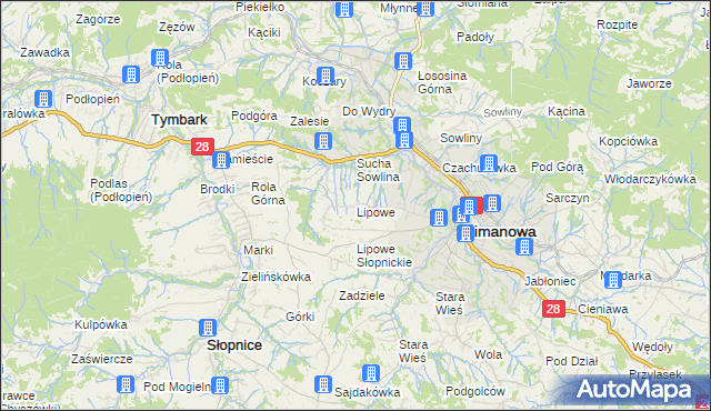 mapa Lipowe gmina Limanowa, Lipowe gmina Limanowa na mapie Targeo