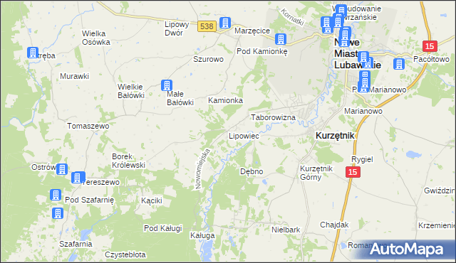 mapa Lipowiec gmina Kurzętnik, Lipowiec gmina Kurzętnik na mapie Targeo