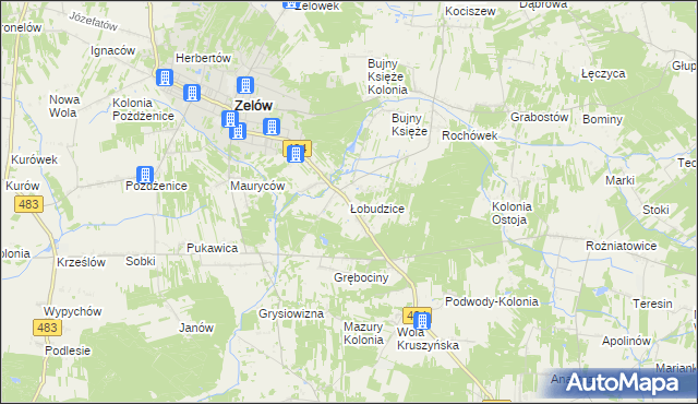 mapa Łobudzice gmina Zelów, Łobudzice gmina Zelów na mapie Targeo