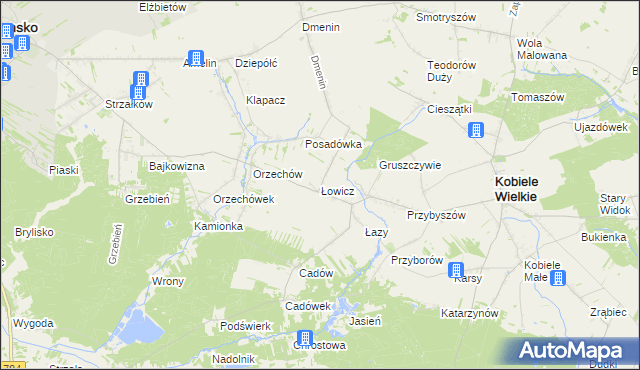mapa Łowicz gmina Kobiele Wielkie, Łowicz gmina Kobiele Wielkie na mapie Targeo