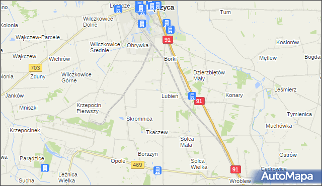 mapa Lubień gmina Łęczyca, Lubień gmina Łęczyca na mapie Targeo