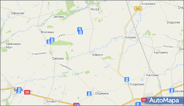 mapa Małocin gmina Nakło nad Notecią, Małocin gmina Nakło nad Notecią na mapie Targeo