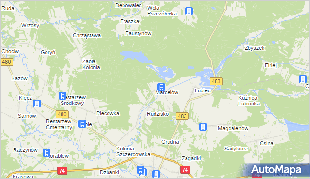 mapa Marcelów gmina Szczerców, Marcelów gmina Szczerców na mapie Targeo