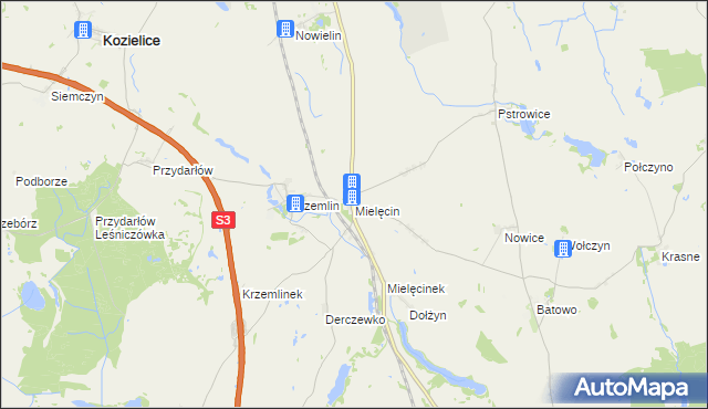 mapa Mielęcin gmina Pyrzyce, Mielęcin gmina Pyrzyce na mapie Targeo