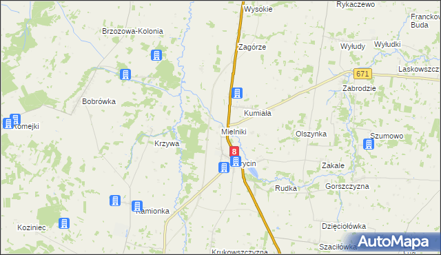 mapa Mielniki gmina Korycin, Mielniki gmina Korycin na mapie Targeo