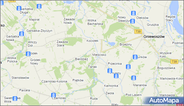 mapa Mieścisko gmina Gniewoszów, Mieścisko gmina Gniewoszów na mapie Targeo