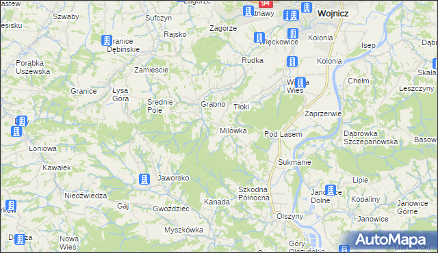 mapa Milówka gmina Wojnicz, Milówka gmina Wojnicz na mapie Targeo