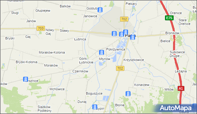 mapa Młynów gmina Piątek, Młynów gmina Piątek na mapie Targeo