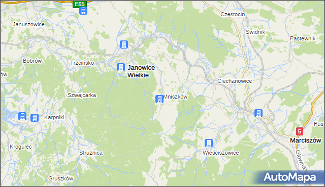mapa Mniszków gmina Janowice Wielkie, Mniszków gmina Janowice Wielkie na mapie Targeo
