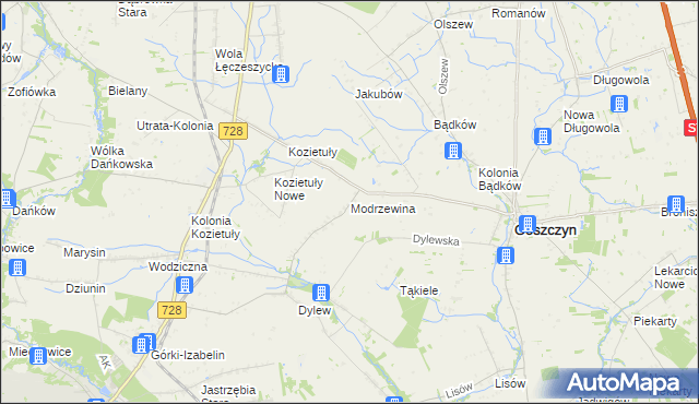 mapa Modrzewina gmina Goszczyn, Modrzewina gmina Goszczyn na mapie Targeo