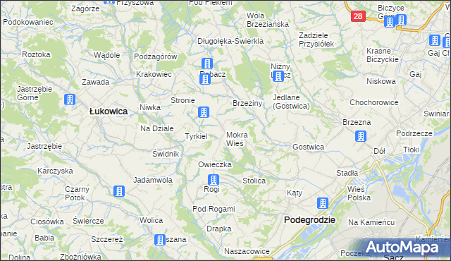 mapa Mokra Wieś gmina Podegrodzie, Mokra Wieś gmina Podegrodzie na mapie Targeo