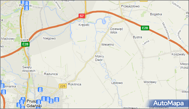 mapa Mokry Dwór gmina Pruszcz Gdański, Mokry Dwór gmina Pruszcz Gdański na mapie Targeo