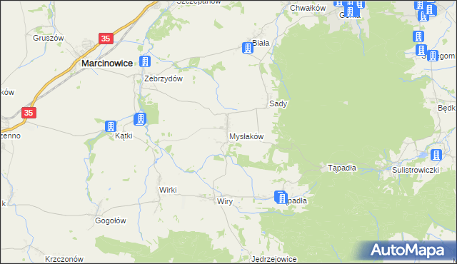 mapa Mysłaków gmina Marcinowice, Mysłaków gmina Marcinowice na mapie Targeo