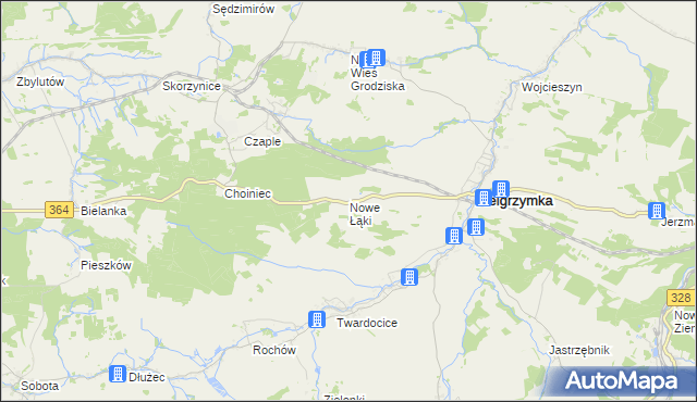 mapa Nowe Łąki gmina Pielgrzymka, Nowe Łąki gmina Pielgrzymka na mapie Targeo