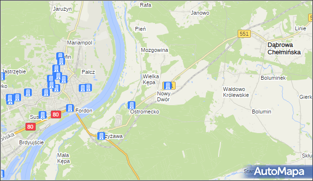 mapa Nowy Dwór gmina Dąbrowa Chełmińska, Nowy Dwór gmina Dąbrowa Chełmińska na mapie Targeo