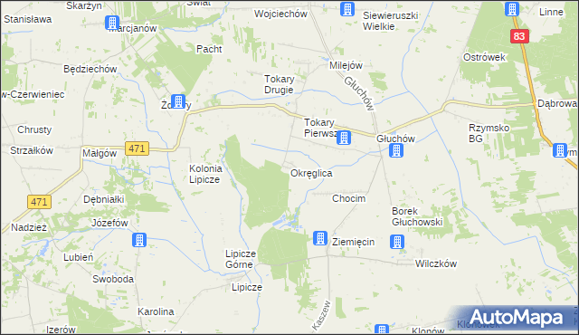 mapa Okręglica gmina Kawęczyn, Okręglica gmina Kawęczyn na mapie Targeo
