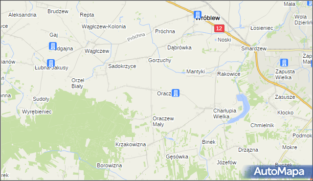 mapa Oraczew gmina Wróblew, Oraczew gmina Wróblew na mapie Targeo