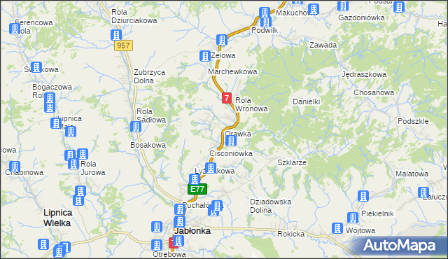 mapa Orawka gmina Jabłonka, Orawka gmina Jabłonka na mapie Targeo