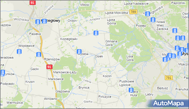 mapa Osiek gmina Koziegłowy, Osiek gmina Koziegłowy na mapie Targeo