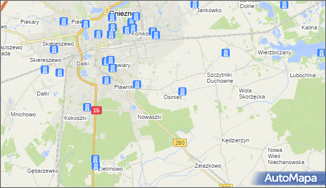 mapa Osiniec gmina Gniezno, Osiniec gmina Gniezno na mapie Targeo