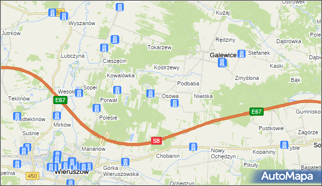 mapa Osowa gmina Galewice, Osowa gmina Galewice na mapie Targeo