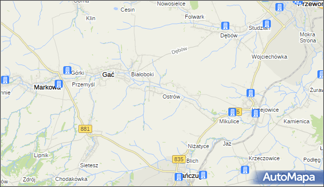 mapa Ostrów gmina Gać, Ostrów gmina Gać na mapie Targeo