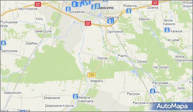 mapa Ostrów gmina Opoczno, Ostrów gmina Opoczno na mapie Targeo
