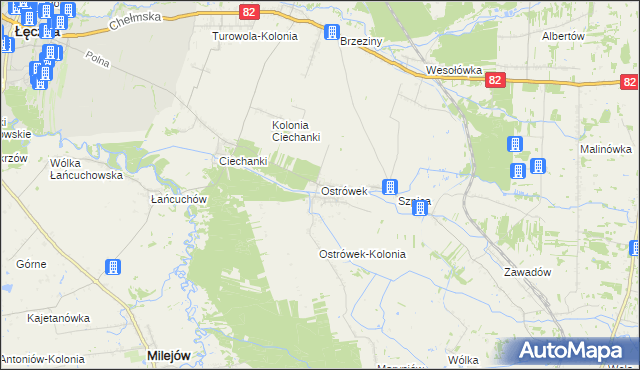 mapa Ostrówek gmina Puchaczów, Ostrówek gmina Puchaczów na mapie Targeo